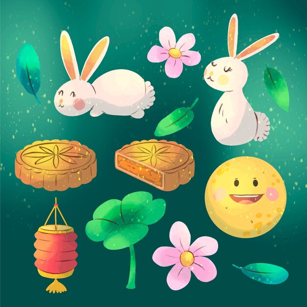 Watercolor elements collection for mid-autumn festival celebration