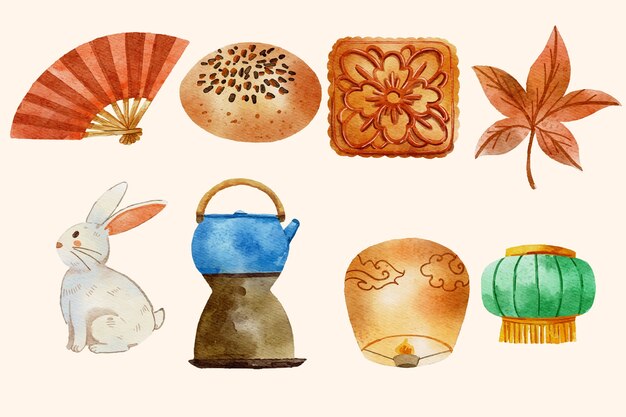 Watercolor elements collection for mid-autumn festival celebration