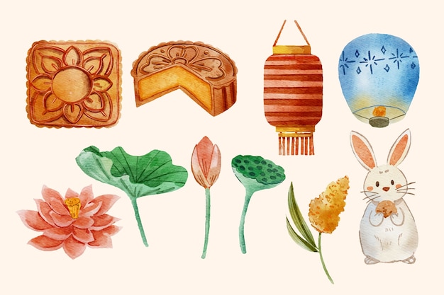 Free Vector watercolor elements collection for mid-autumn festival celebration