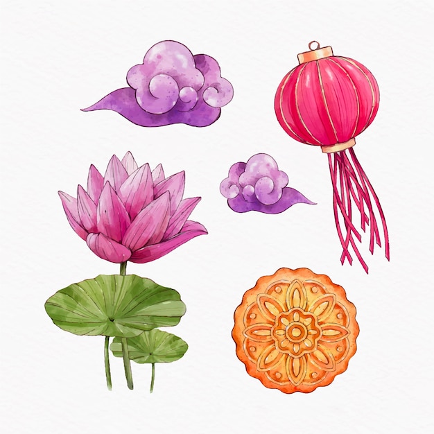 Free Vector watercolor elements collection for mid-autumn festival celebration