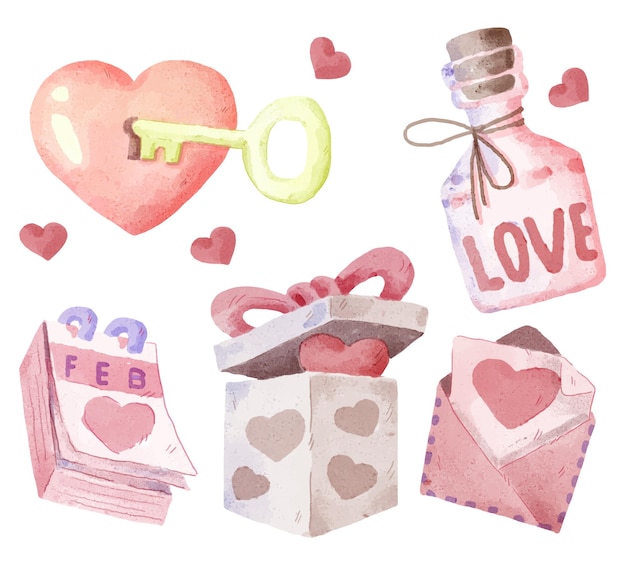 Watercolor elements for graphic designers to make artwork including hearts keys padlocks gift boxes bottles calendars envelopes