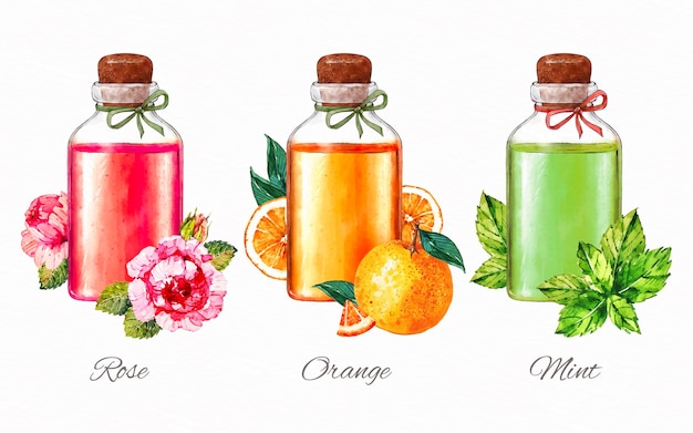 Free Vector watercolor essential oil bottle collection