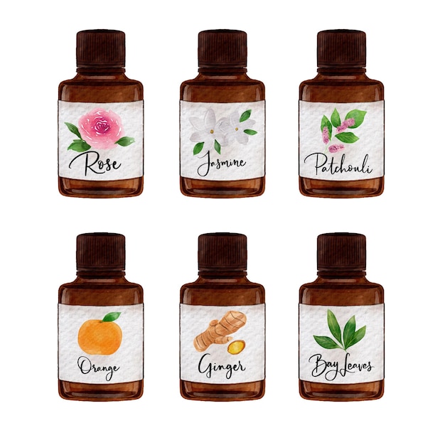 Free Vector watercolor essential oil bottle collection