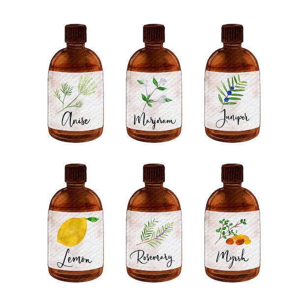 Free vector watercolor essential oil bottle collection