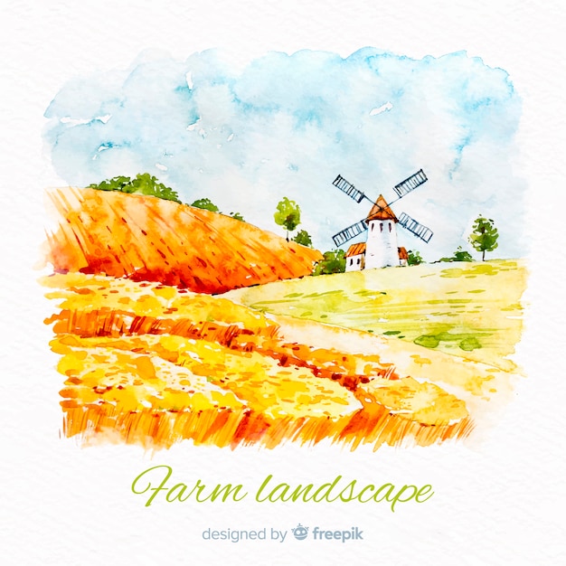 Free Vector watercolor farm landscape background