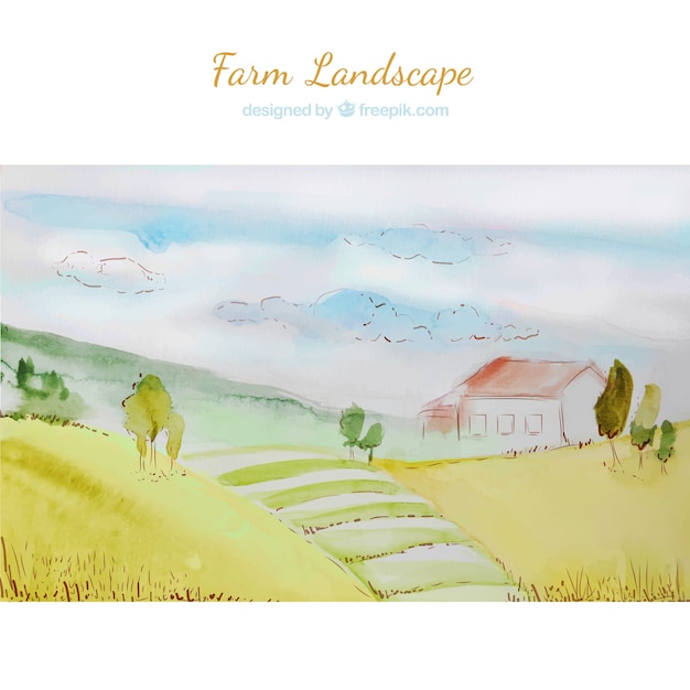 Watercolor farm landscape