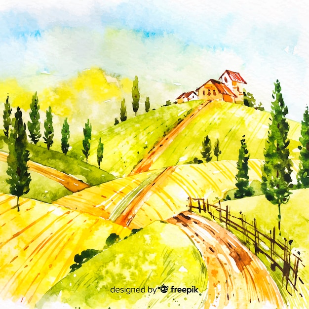 Watercolor farm landscape