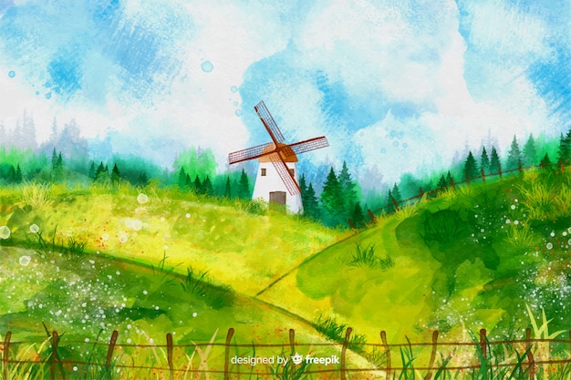 Watercolor farm landscape