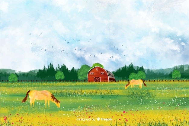 Watercolor farm landscape