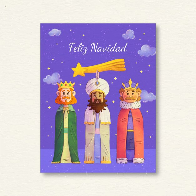 Watercolor feliz navidad reyes magos greeting card template