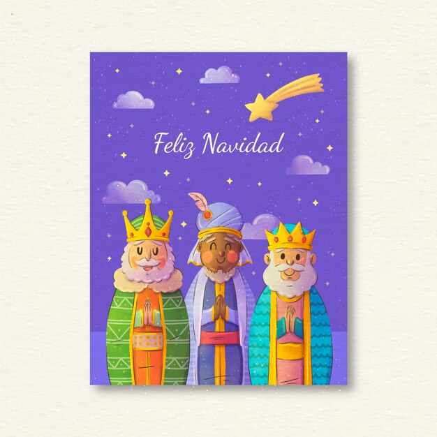 Watercolor feliz navidad reyes magos greeting card template