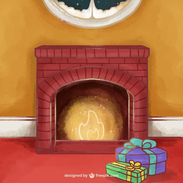 Free vector watercolor fireplace background with christmas gifts