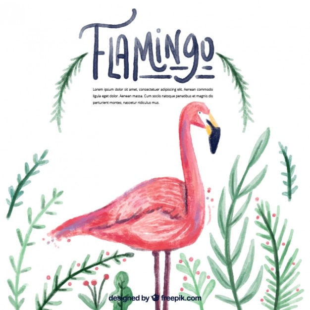 Free Vector watercolor flamingo with leaves