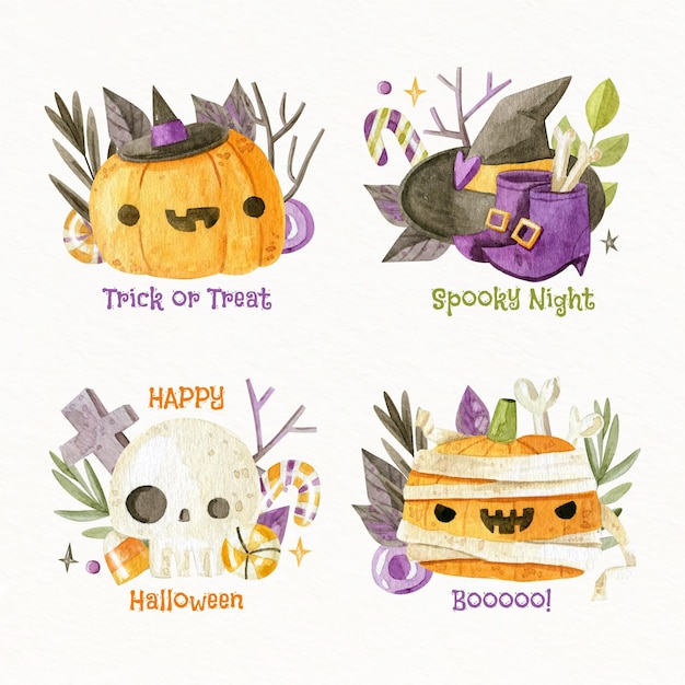 Free vector watercolor flat halloween labels collection