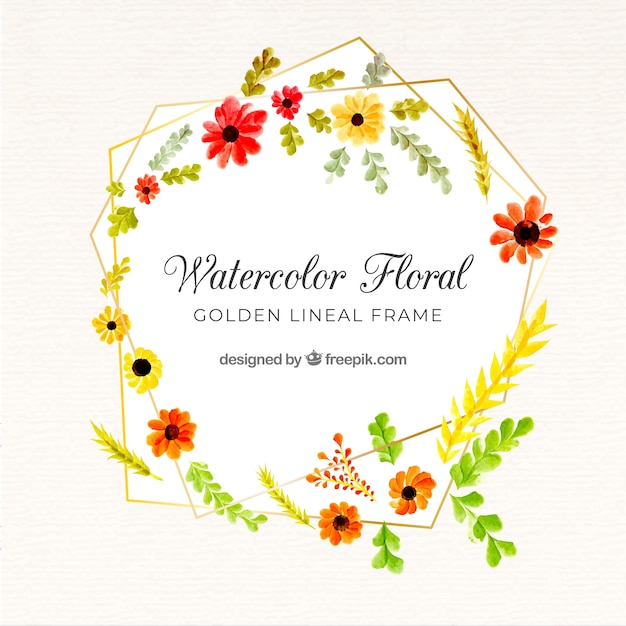 Free vector watercolor floral frame with golden lineal style