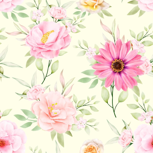 Free Vector watercolor floral and leaves seamless pattern