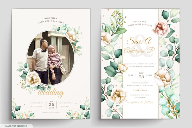 Free Vector watercolor floral and leaves wedding invitation card  