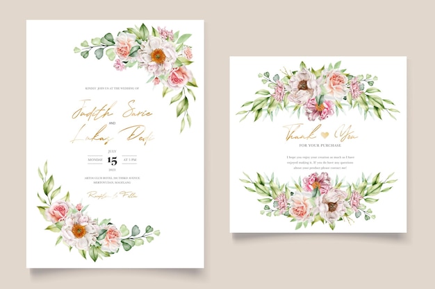 Free Vector watercolor floral peonies and roses wedding invitation card  set