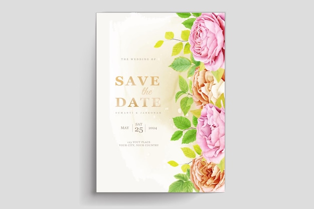 Free Vector watercolor floral roses and green leaves wedding invitation card set