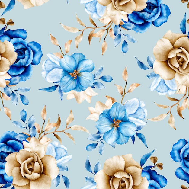 Free vector watercolor floral seamless pattern with blue and brown flower and leaves