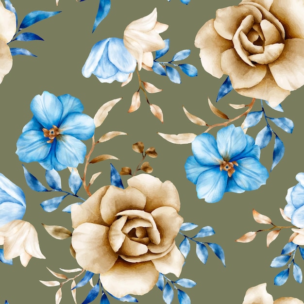 Free vector watercolor floral seamless pattern with blue and brown flower and leaves