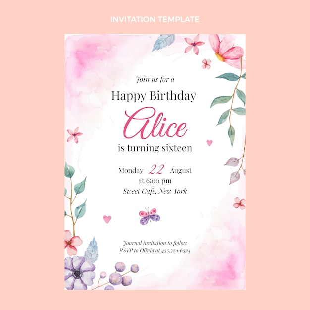 Free vector watercolor floral sweet 16 invitation