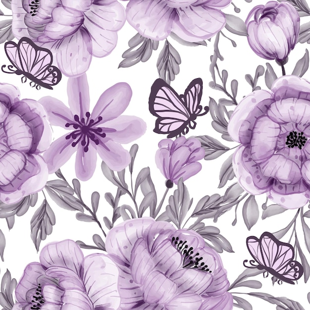 Watercolor flower and butterfly purple seamless pattern