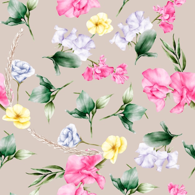 watercolor flower and leaves seamless pattern