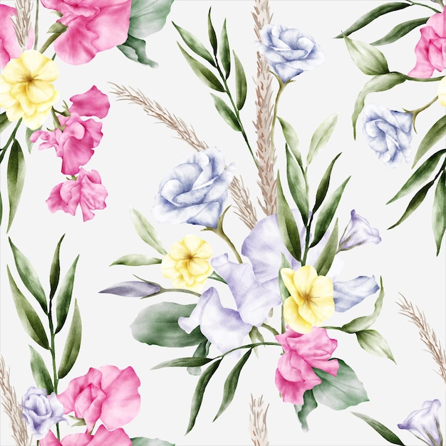 Free Vector watercolor flower and leaves seamless pattern