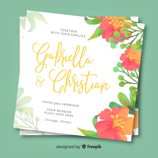 Watercolor flowers wedding invitation template