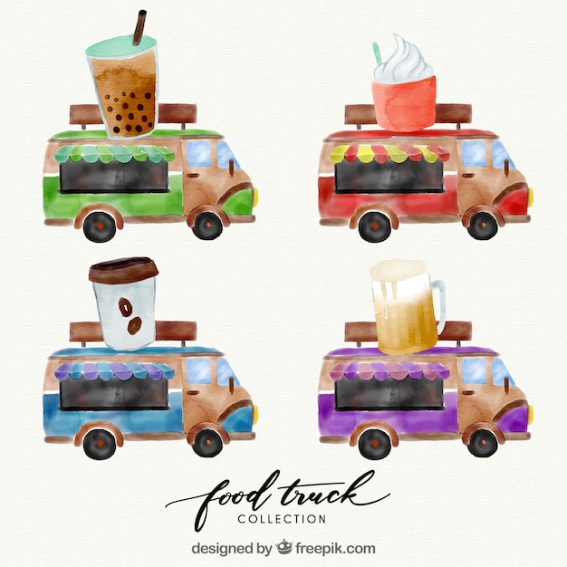 Free Vector watercolor food trucks with drinks