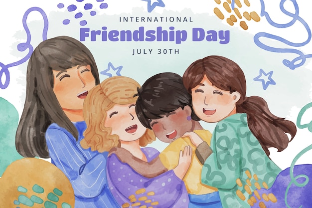 Watercolor friendship day illustration with friends hugging and smiling