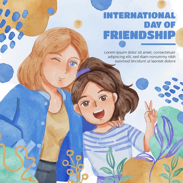 Watercolor friendship day illustration with friends showing peace sign