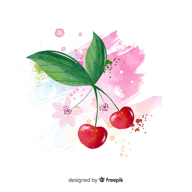 Watercolor fruit background with cherries