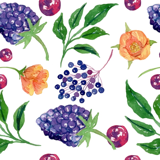 Free Vector watercolor fruit and floral pattern design