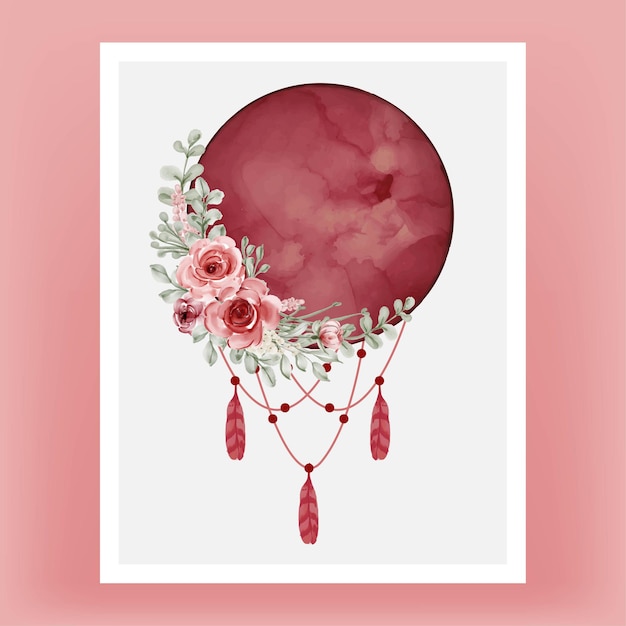 Free Vector watercolor full moon in red burgundy with flower