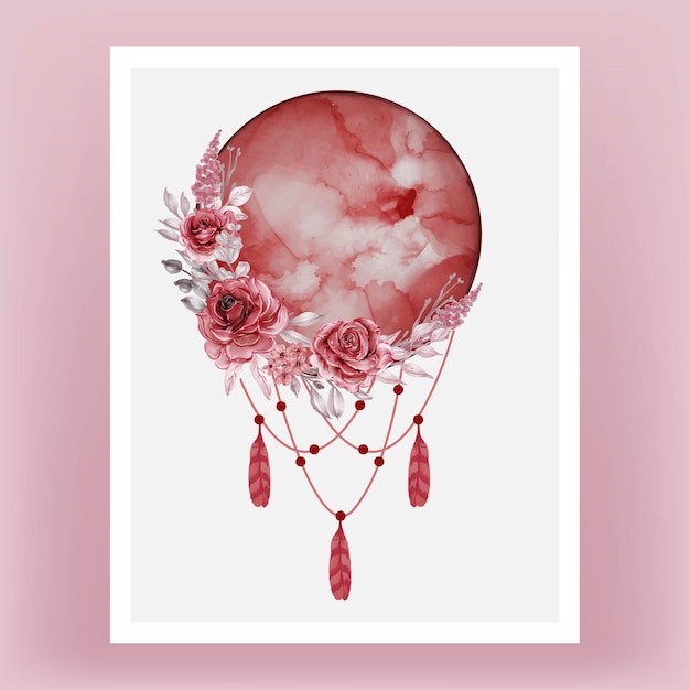 Watercolor full moon in red shade with rose burgundy