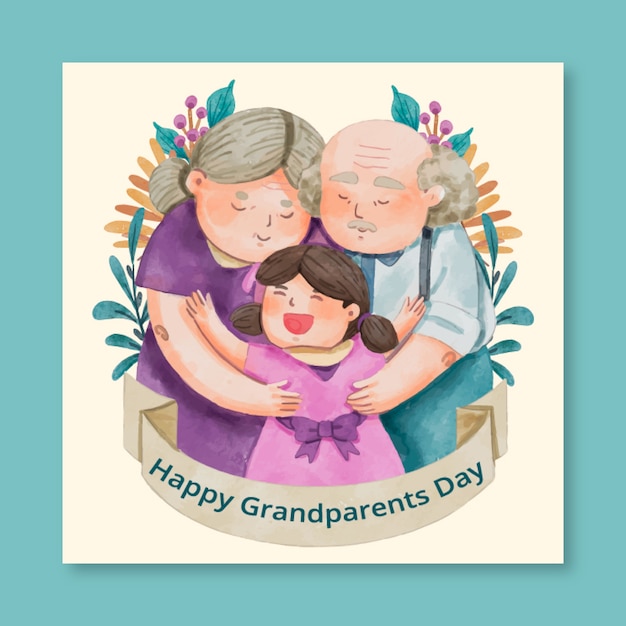 Free Vector watercolor grandparents day greeting card template with grandchild hugged by grandparents