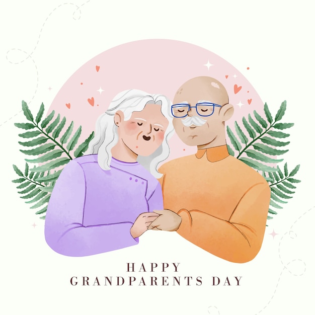 Watercolor grandparents day illustration with older couple holding hands