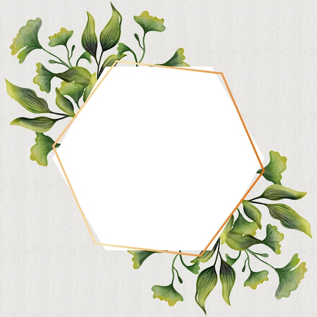 Watercolor green leaves with golden frame