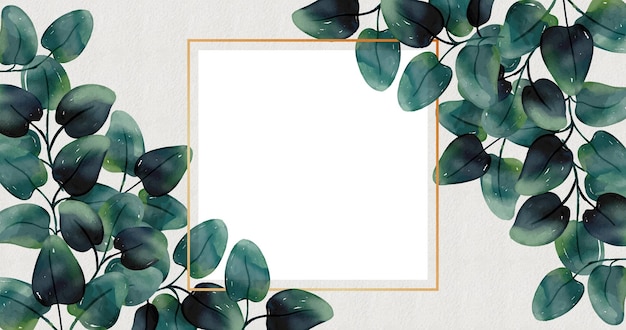 Watercolor green leaves with golden frame