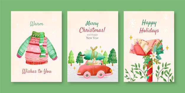 Free vector watercolor greeting cards collection for christmas season celebration