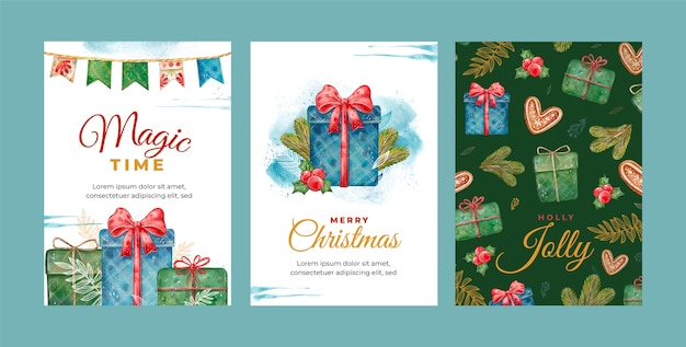 Watercolor greeting cards collection for christmas season celebration