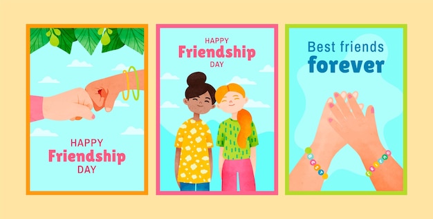 Free Vector watercolor greeting cards collection for friendship day celebration