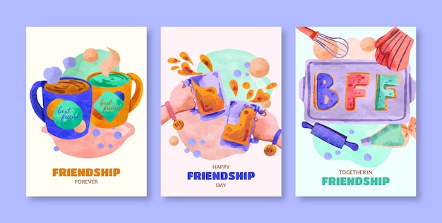 Free Vector watercolor greeting cards collection for international friendship day celebration