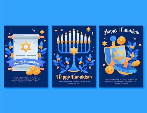 Watercolor greeting cards collection for jewish hanukkah holiday