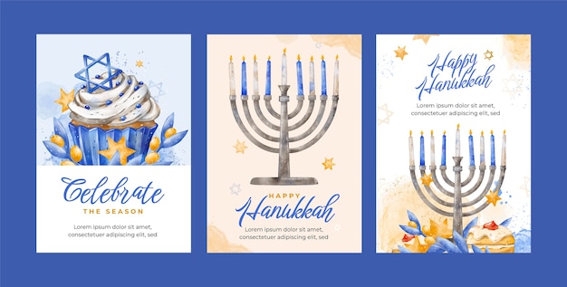 Free Vector watercolor greeting cards collection for jewish hanukkah holiday