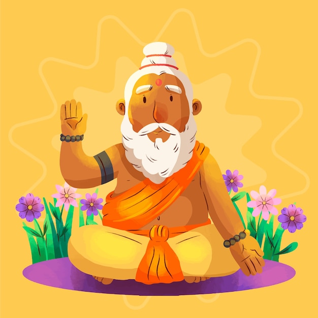 Free vector watercolor guru purnima illustration with bearded monk and flowers