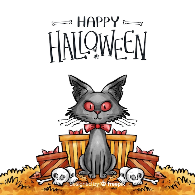 Watercolor halloween background with black cat