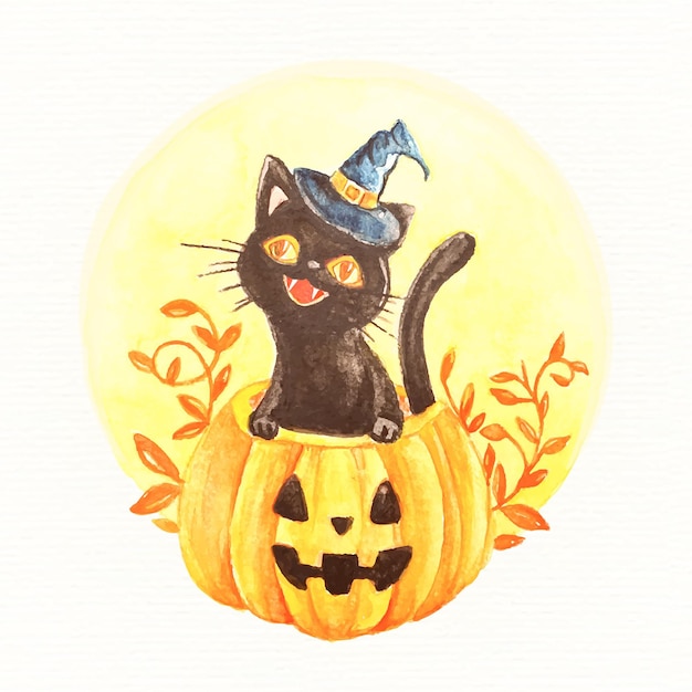 Free Vector watercolor halloween cat